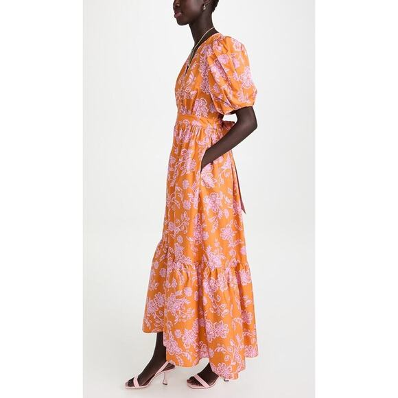 XIRENA Larkyn Orange Pink Print Midi Maxi Puff Sleeve Ruffle Dress Tuckernuck - Picture 4 of 16